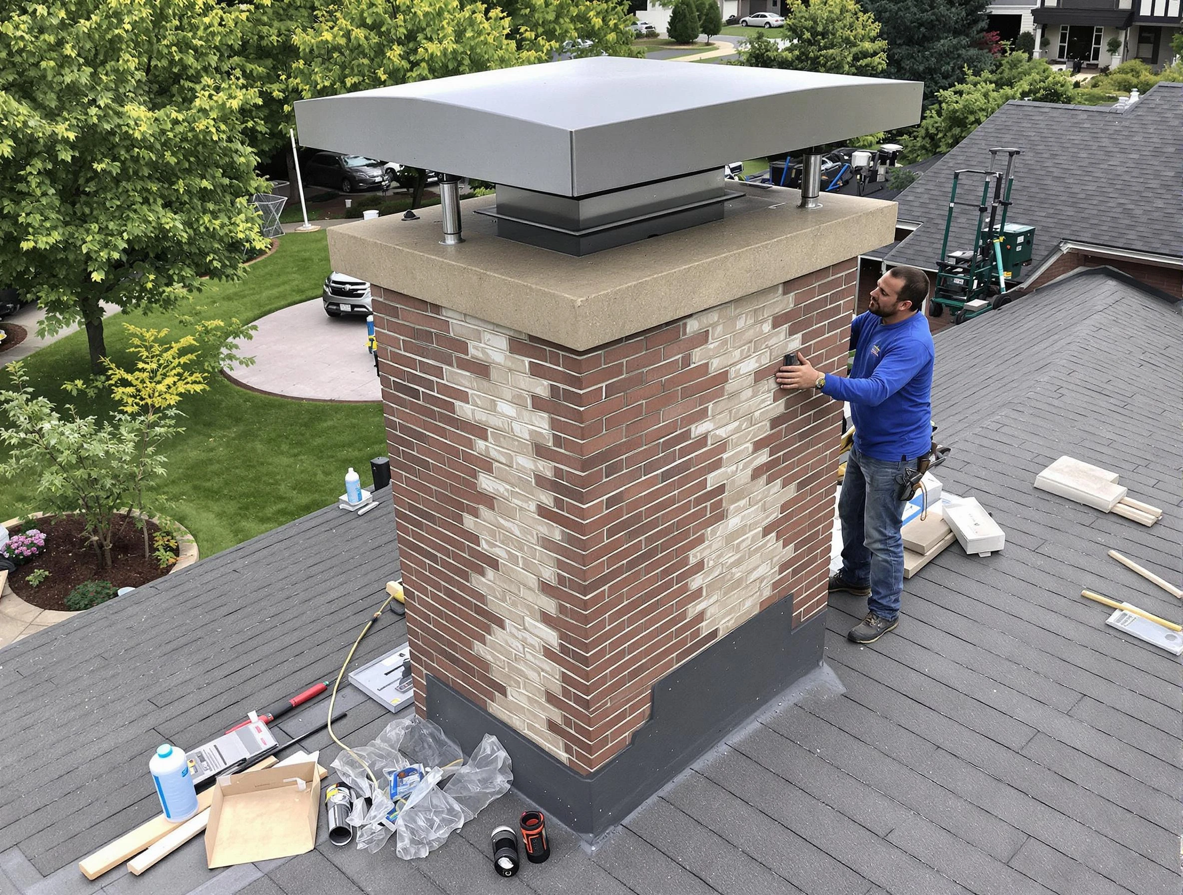 Ettrick Chimney Sweep team working on a custom chimney remodel in Ettrick, VA